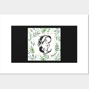 Horse Lover Art Sage Green Floral Pattern Frame Design Horses Posters and Art